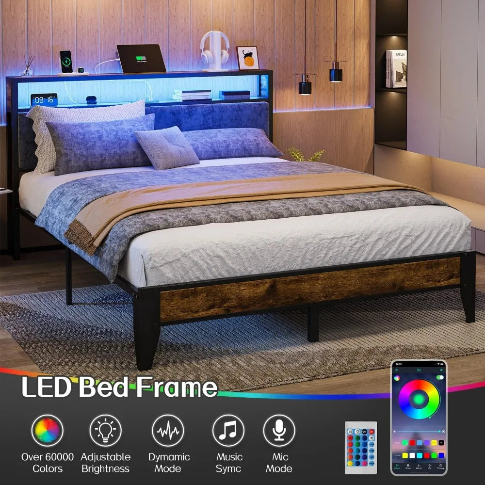 Metal Queen Bed Frame with 2-Tier Storage, LED Light Headboard, and Charging Station Type C