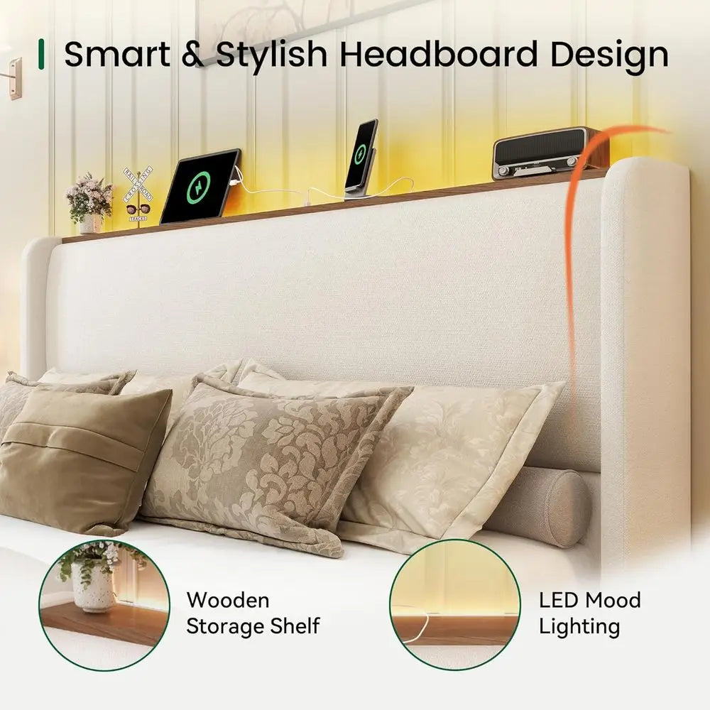 King Size Linen Bed Frame with LED Lights, Charging Station, and Storage Shelf - 51.2 Tall Wingback Headboard, No Box Spring Nee
