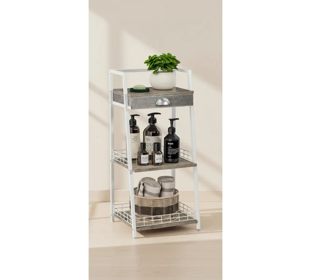 3-Tier Bathroom Shelf with Drawer, Freestanding Storage Rack for Small Spaces, White Modern Ladder Shelf for Living Room Bedroom