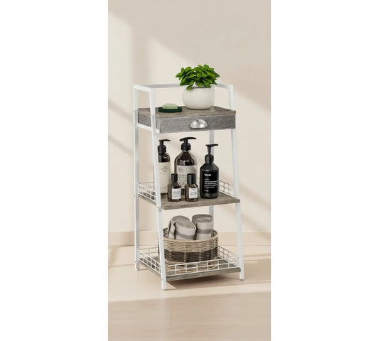 3-Tier Bathroom Shelf with Drawer, Freestanding Storage Rack for Small Spaces, White Modern Ladder Shelf for Living Room Bedroom