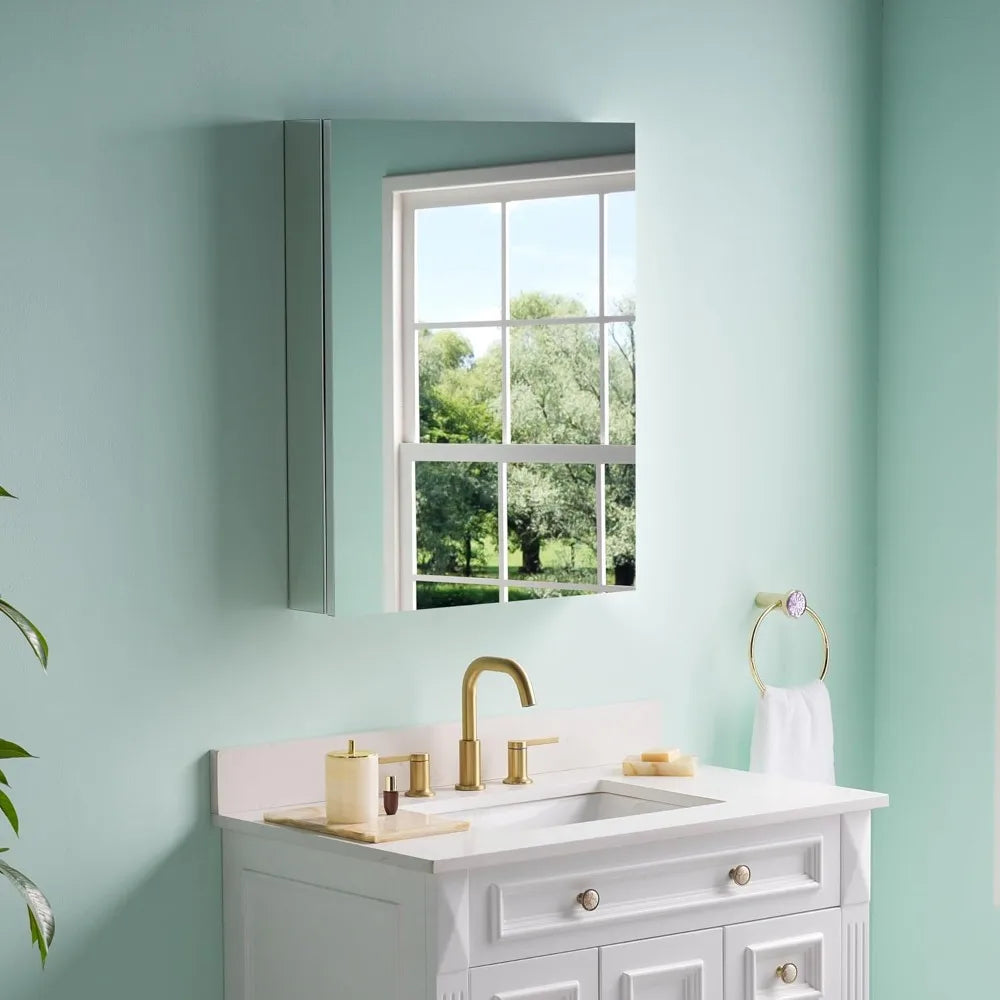 24 x 30 Bathroom Medicine Cabinet, Anodized Chrome Aluminum Frame, Medicine Cabinet with Adjustable Glass Shelves, Bathr