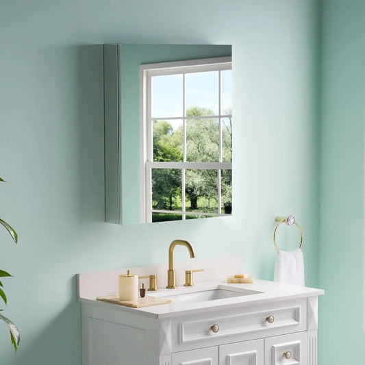 24 x 30 Bathroom Medicine Cabinet, Anodized Chrome Aluminum Frame, Medicine Cabinet with Adjustable Glass Shelves, Bathr