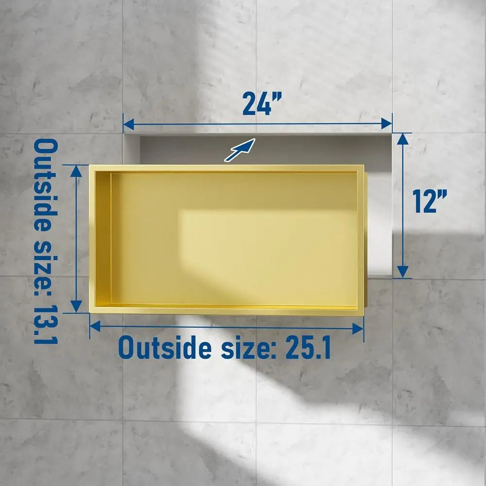 25.1x13.1 Inch Golden Stainless Steel Shower Wall Niche, No Tile Required, Waterproof Recessed Cabinet for Bathroom Storage