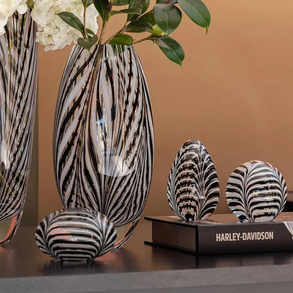 Doro Murano Style Glass Vase Black and White Feather Pattern Hand Blown Art Glass for Flower, Room Decoration and Centerpiece
