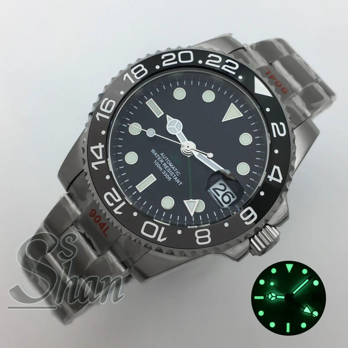 Customized logo luxury 40mm NH34 GMT mechanical watch ceramic bezel sapphire glass green luminous dial water-resistant to 10ATM