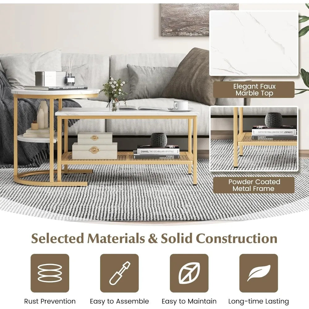 Nesting Coffee Table Set of 2, Detachable Rectangular Coffee Table & Small Round End Table Set, Faux Marble Pattern & Sturdy Me