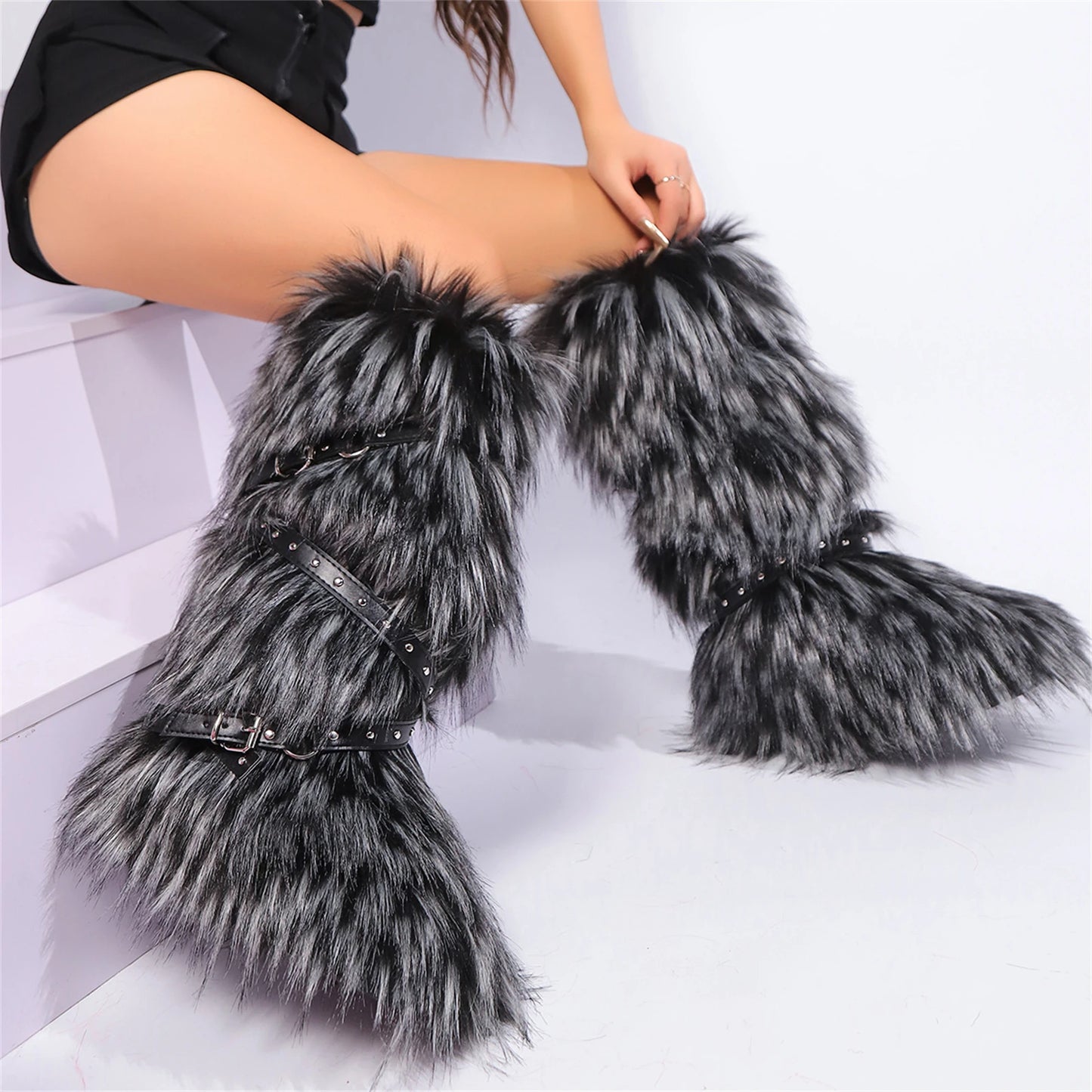 Winter Faux Fur Knee High Boots for Women - Comfy Plush Pull-On, Belt-Embellished Round Toe, Must-Have Trendy Pick for Party