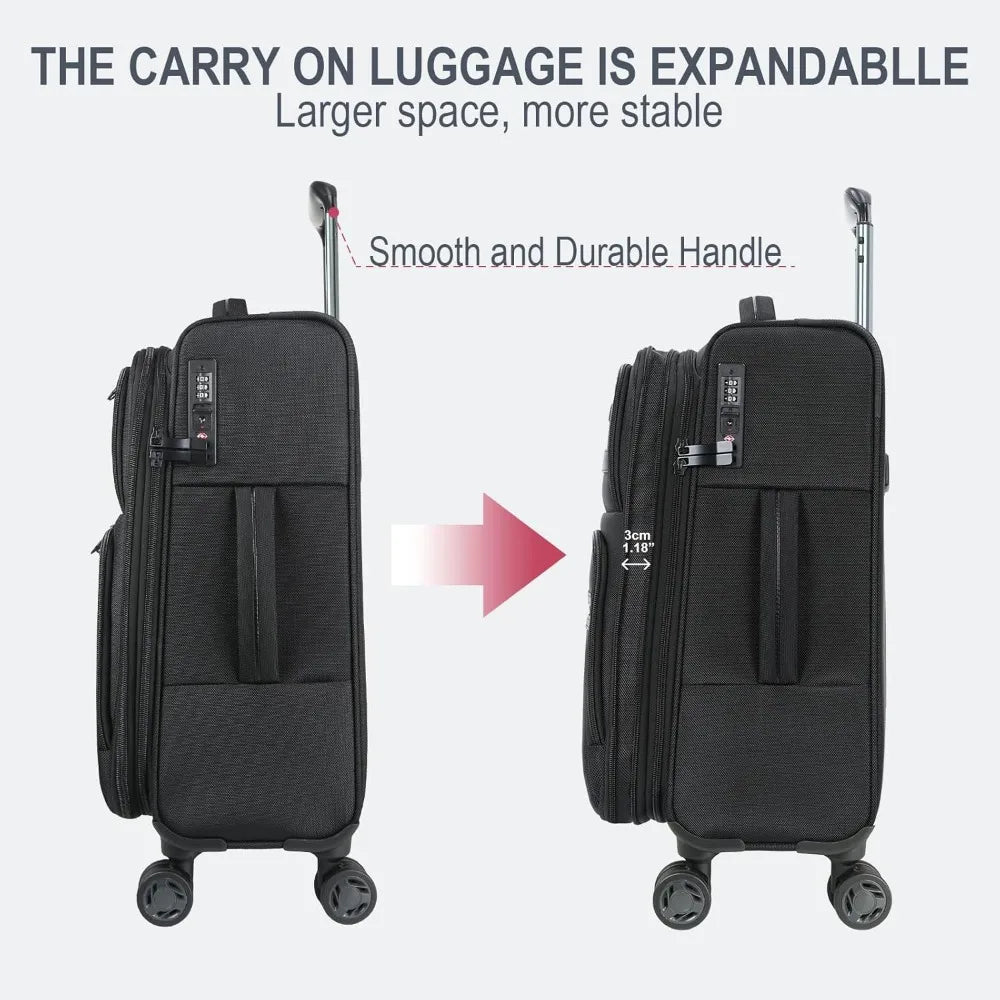 Expandable Softside Spinner Luggage with TSA Lock, Durable Rolling Suitcase for Travel with Built-in USB Port, Long-Lasting Ligh
