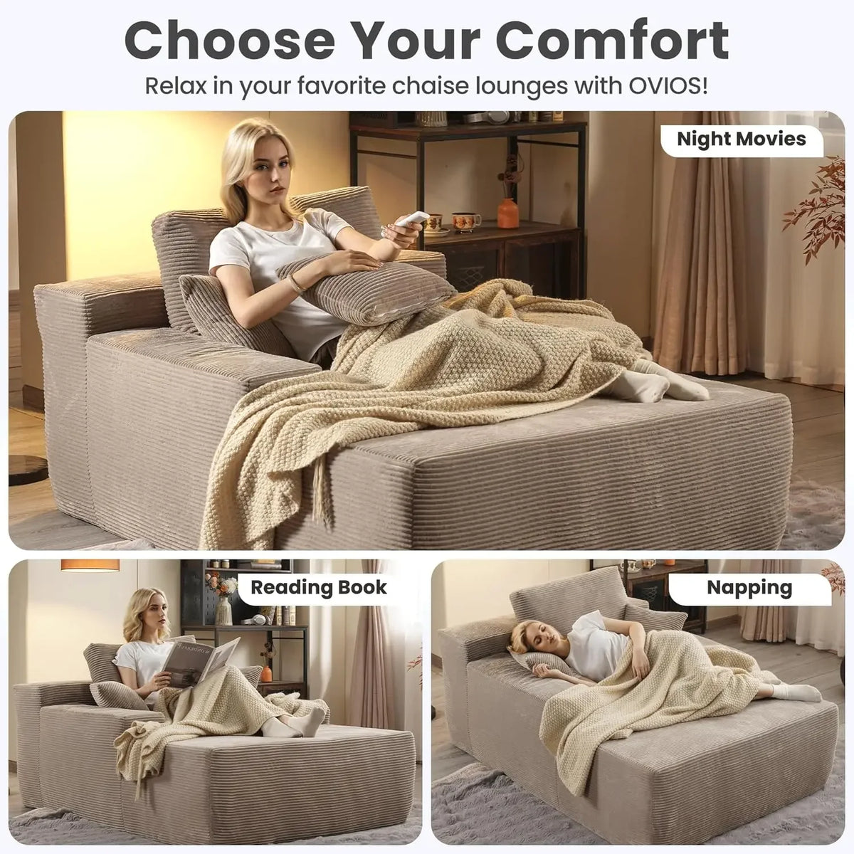 67'' Chaise Lounge Chair Indoor, Oversized Upholstered Sofa Bed, Sleeper Couch Reading Chairs Fluffy Plush Corduroy Cloud Sofas