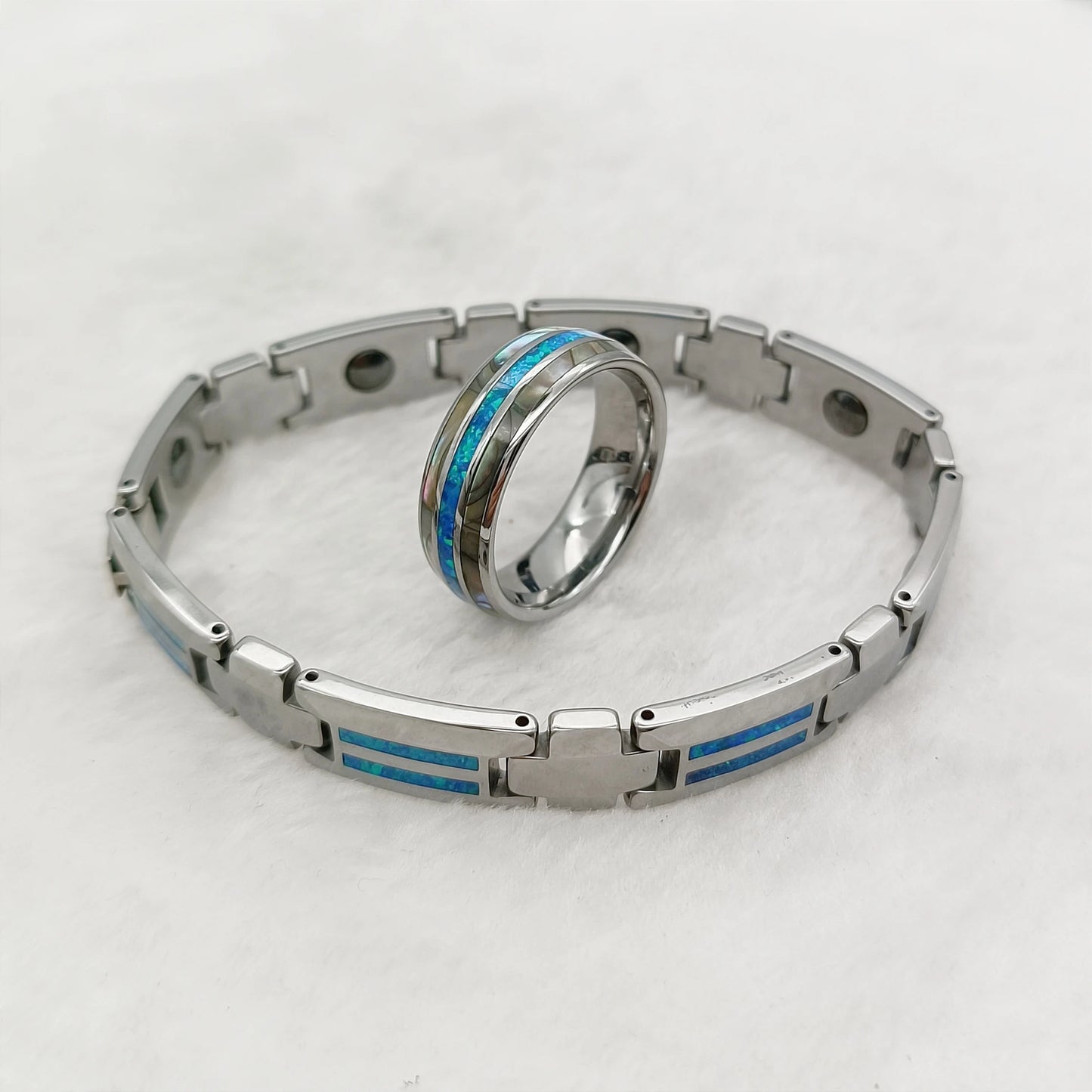 Natural Blue Opal Fashion Jewelry Beautiful Wedding Bands Finger Rings For Men And Women Tungsten Carbide Bracelets Jewelry Sets