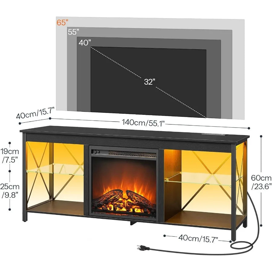 Modern Fireplace TV Stand with Integrated Charging Station and Ambient LED Lights for TVs up to 65 inches Multi-Functional Ente
