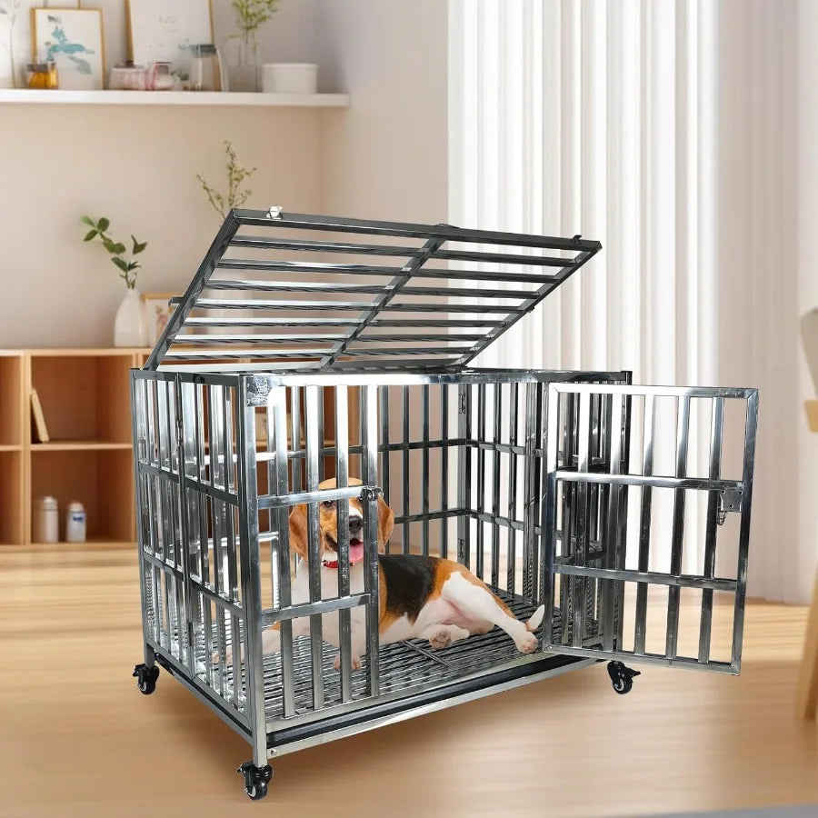 Heavy Duty Large Dog Crate Stainless Steel Dog Crate Cage Kennel with Rolling Wheels Double Door Removable Tray for Large Breed