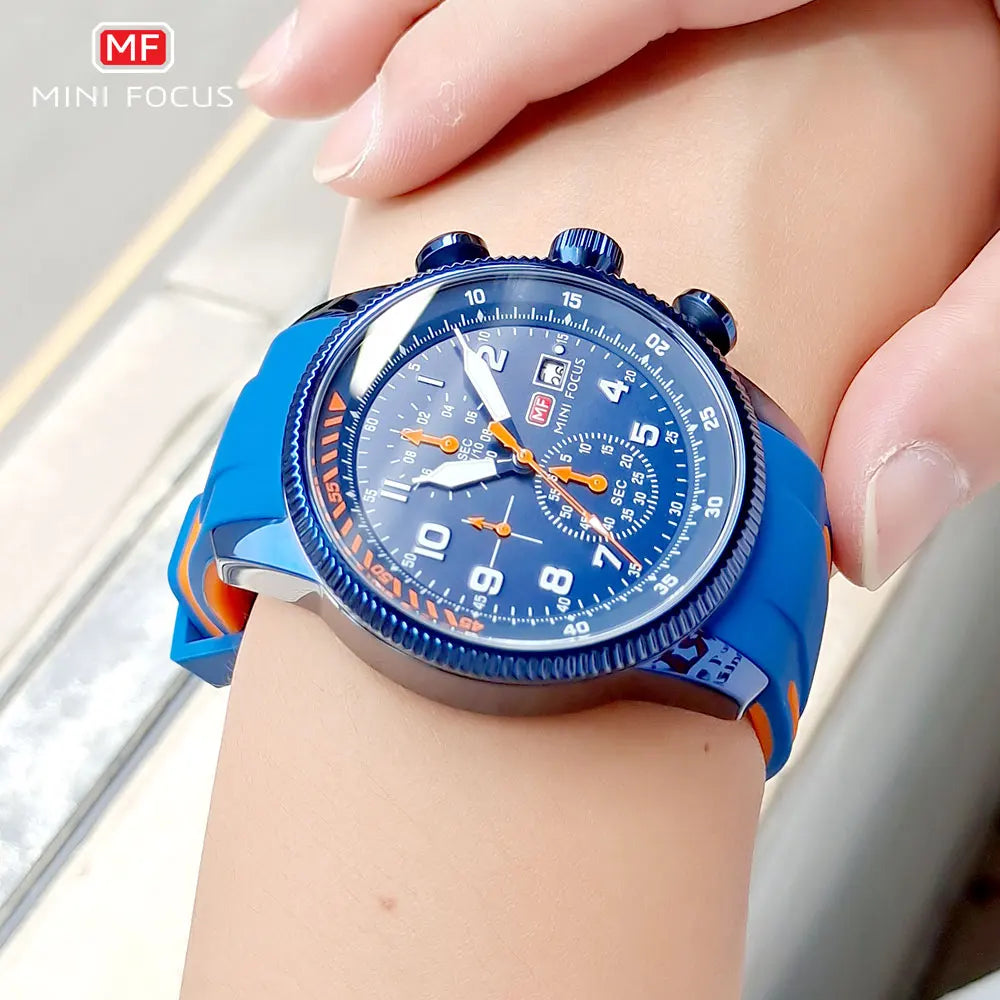 MINI FOCUS Military Sport Quartz Watch for Men Blue Silicone Strap Chronograph Luminous Wristwatch with Date Waterproof 0379