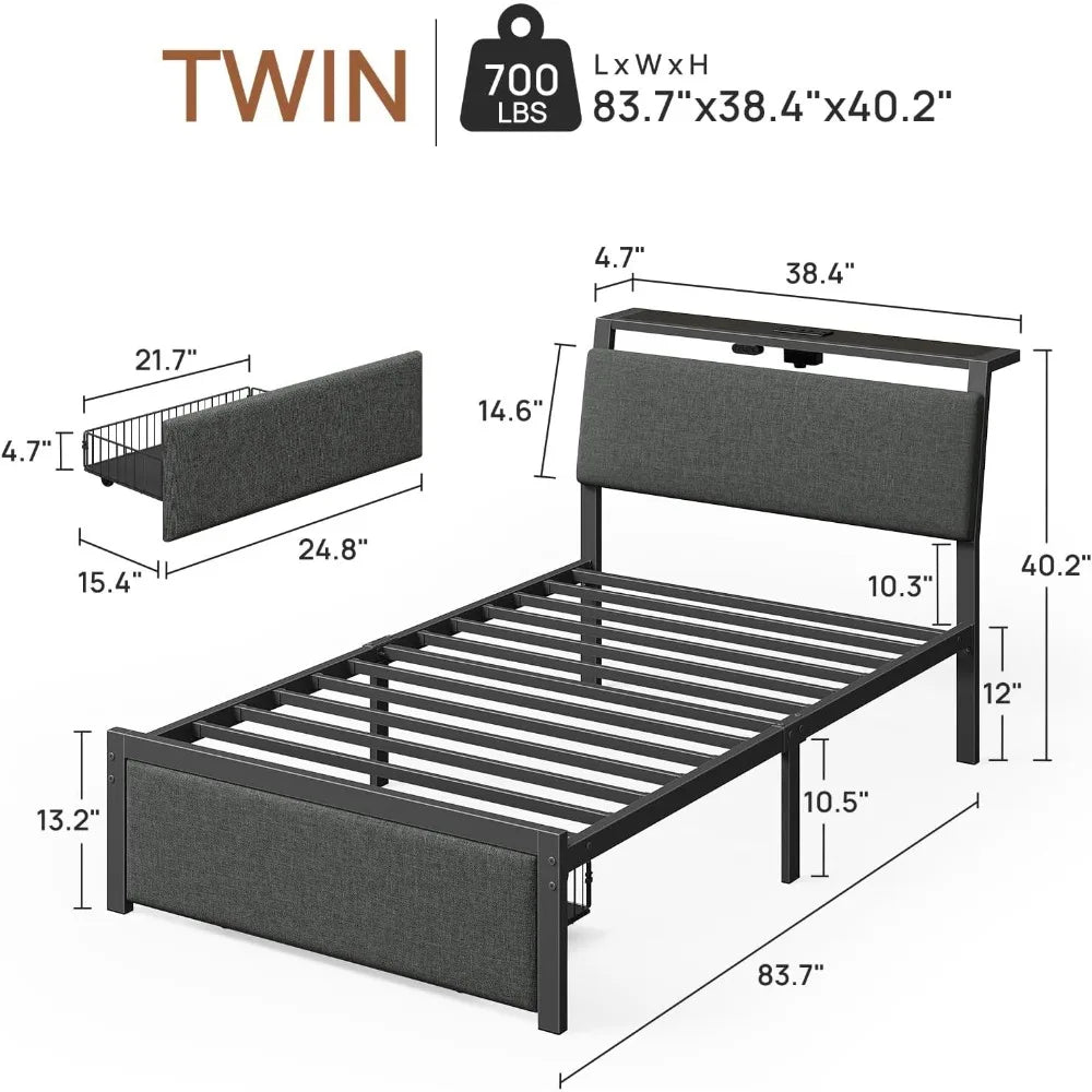 Upholstered Twin Size Bed Frame with Ergonomic Headboard Storage, LED Light, and Charging Station