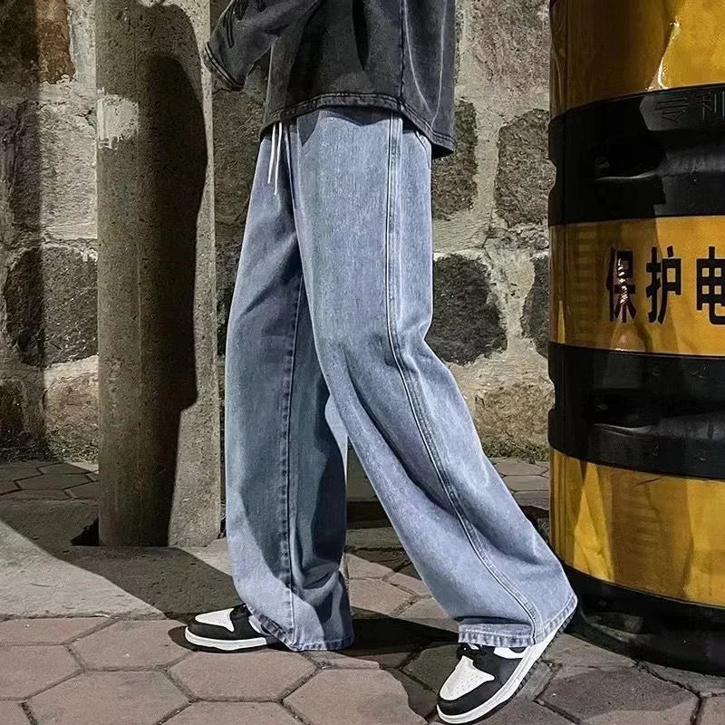 2025 Streetwear Loose Jeans Men Korean Style Fashion Loose Straight Wide Leg Pants Men's Brand Clothing Black Light Blue S-3XL