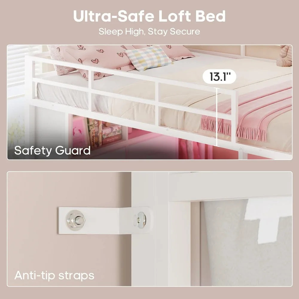 Full Size Loft Bed with Desk, 8 Drawers, LED Lighting, Power Outlet, 2 Shelves, and Clothing Rack