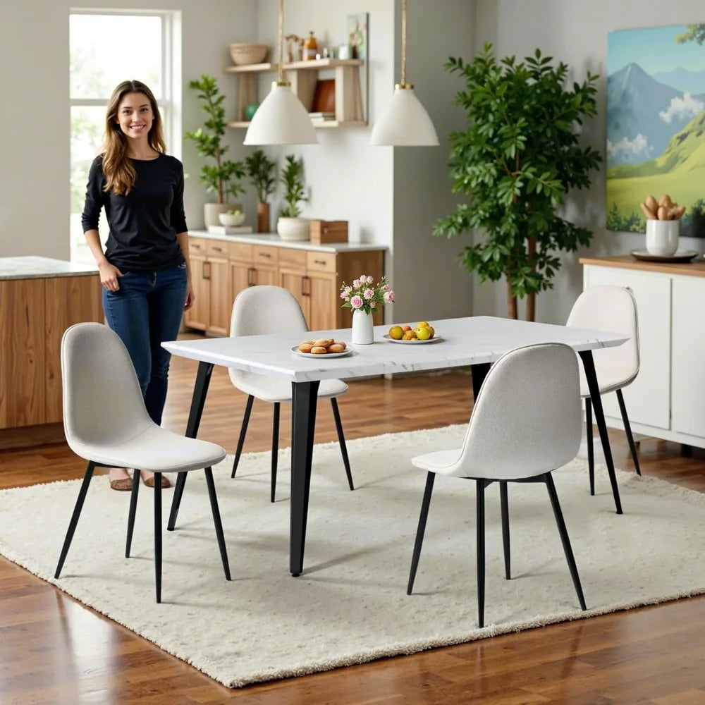 Mid-Century Modern 5-Piece Dining Set - Rectangular Table with 4 Fabric Chairs, Metal Frame, Durable PE Material for Stylish Din