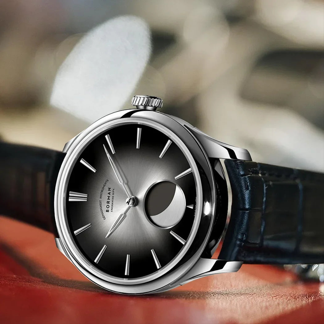 Borman Mens Automatic Watches Luxury Moon Phase Male Watch Mechanical Wristwatch Fashion 50M Waterproof Sapphire Leather Strap