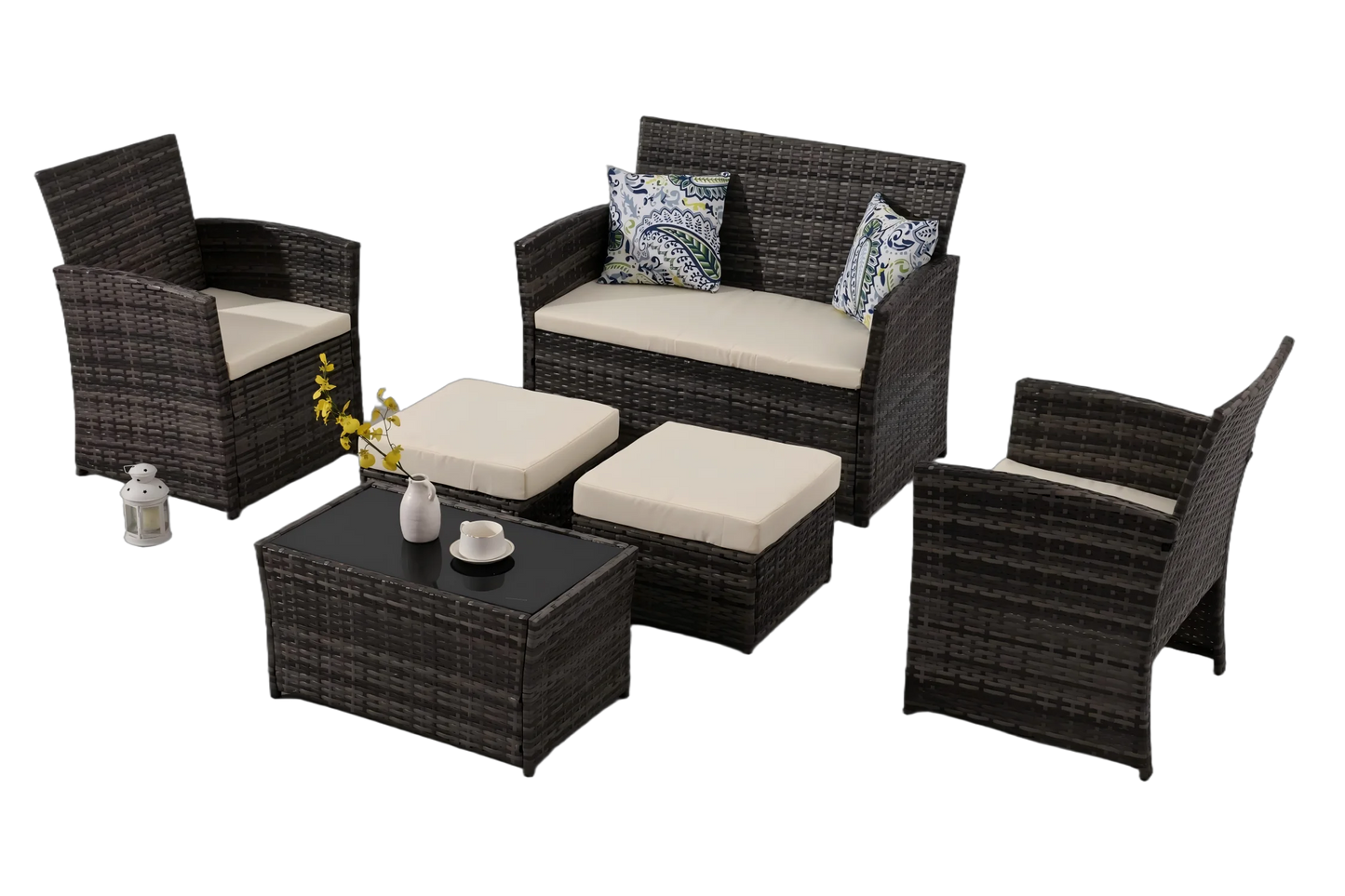 6 Pieces Outdoor Patio Furniture Set, Wicker Sectional Sofa Patio Conversation Set Couch with Ottomans Rattan Chair and Table fo