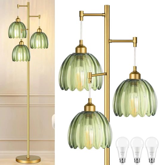 Gold Mid Century Modern Floor Lamp with Brass Tree, 3-Light Green Glass Shade for Living Room, Bedroom, Vintage Retro Style