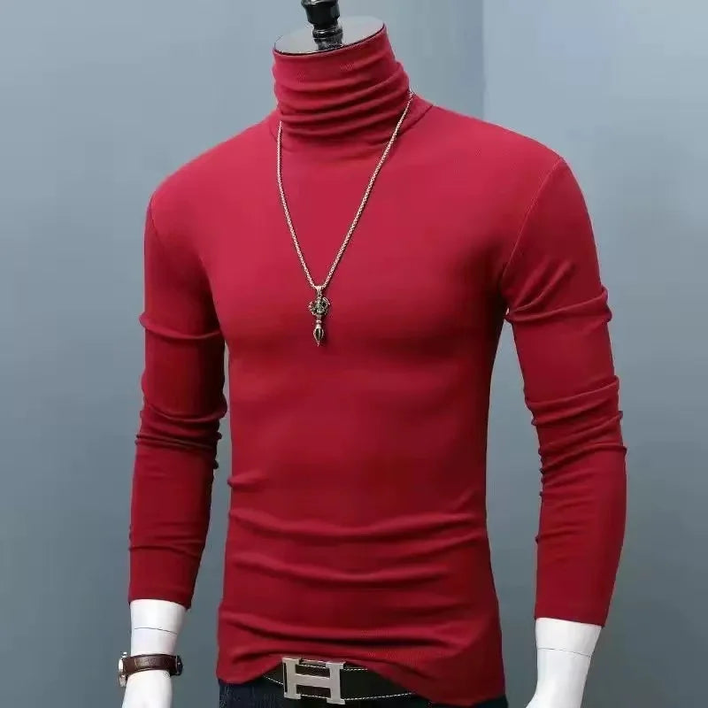 Spring New Men's Turtleneck T-shirt Long Sleeve Slim Fit Solid Color High Elastic Bottoming Pullovers Basic Style Male Tops