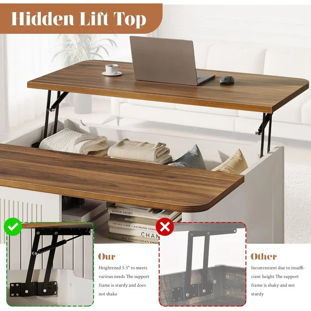 Mid-Century Modern Lift-Top Coffee Table with Storage, 31.5 Square, White, for Living Room with Hidden Compartment & Adjustable