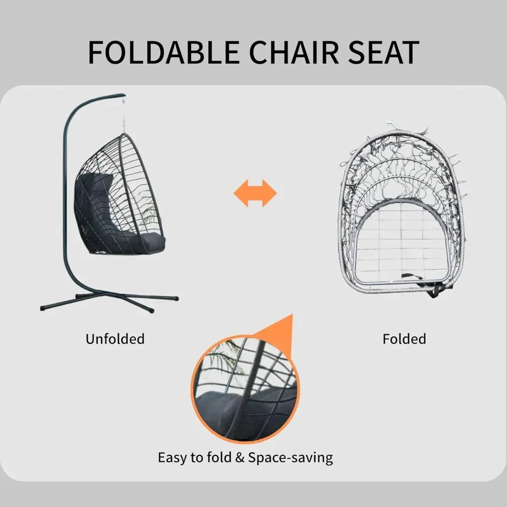 Foldable Rattan Wicker Hanging Egg Chair with Stand for Indoor And Outdoor Use - Swing Chair for Bedroom Porch Patio Garden