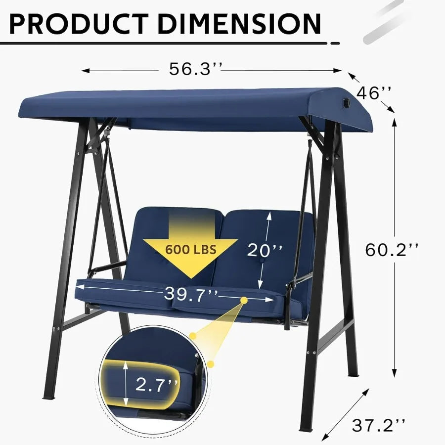 2Seat Outdoor Patio Swing Chair with Adjustable Canopy for Adults Portable Porch Swings with Removable Cushion Designed for Bac