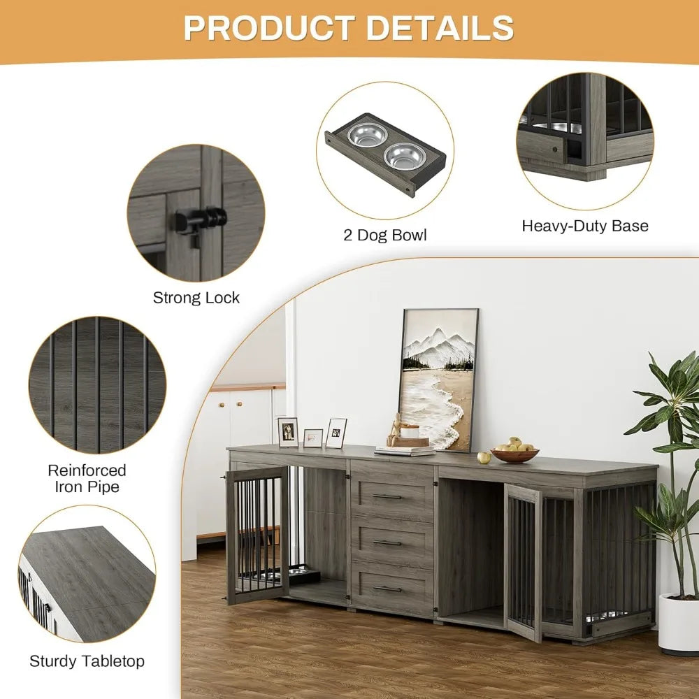 94.5" large dog crate furniture for 2 dogs, double wooden dog kennel furniture with 4 dog bowls & 3 drawers, heavy duty indoor