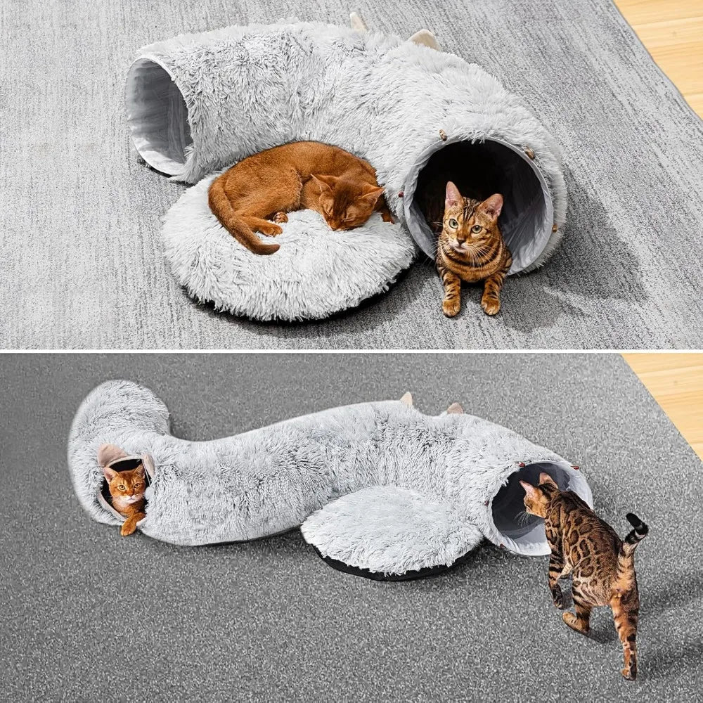 Cat Tunnel Bed – Plush Donut Cave for Indoor Cats, Fits Under Christmas Tree – Grey
