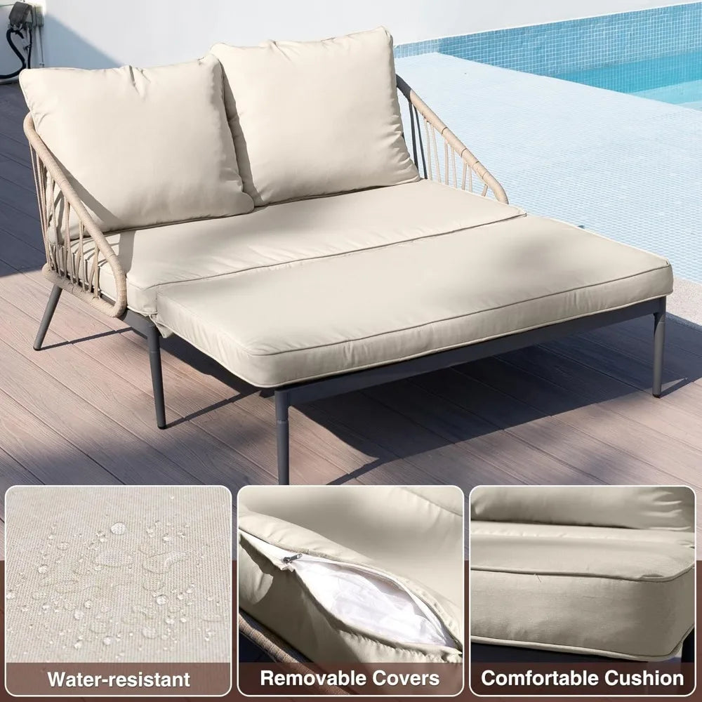 Patio Adjustable Daybed, 2-Person Outdoor Daybed with Cushions and Pillows, Woven Rope Patio Loveseat Garden Adjustable Reclinin