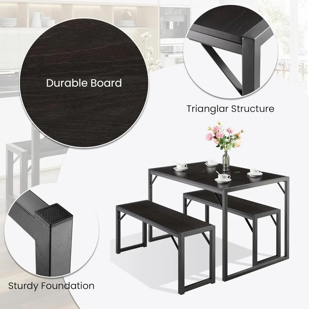 Rustic 4-Person Dining Table Set with Benches for Small Spaces, Durable Metal Frame