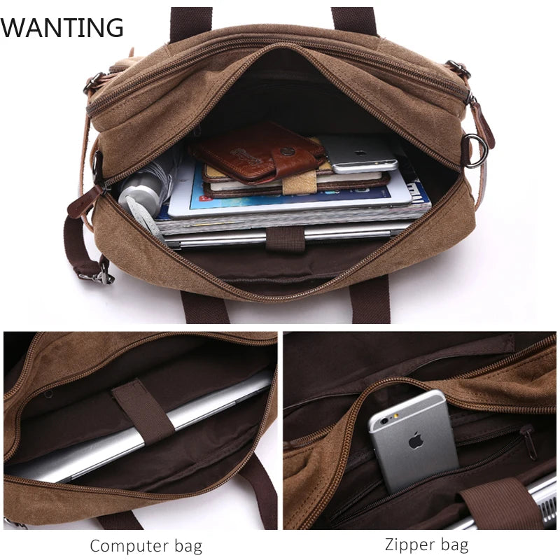 Men Canvas Briefcase Travel Bags Suitcase Classic Messenger Shoulder Bag For Men Tote Handbag Big Casual Business Laptop Pocket