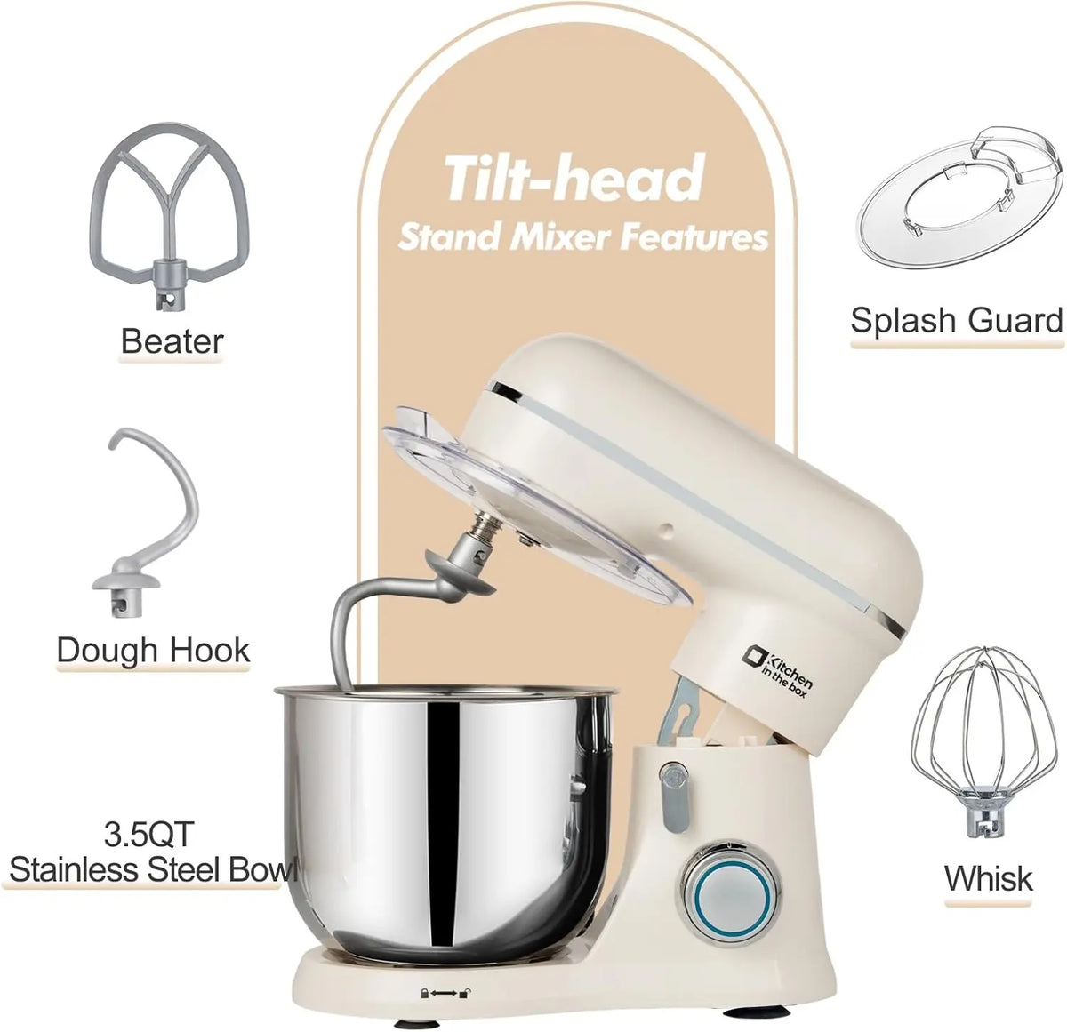 Stand Mixer, 3.5 QT, 10-Speed Electric Kitchen Mixer with Whisk, Hook, Beater - Cream White