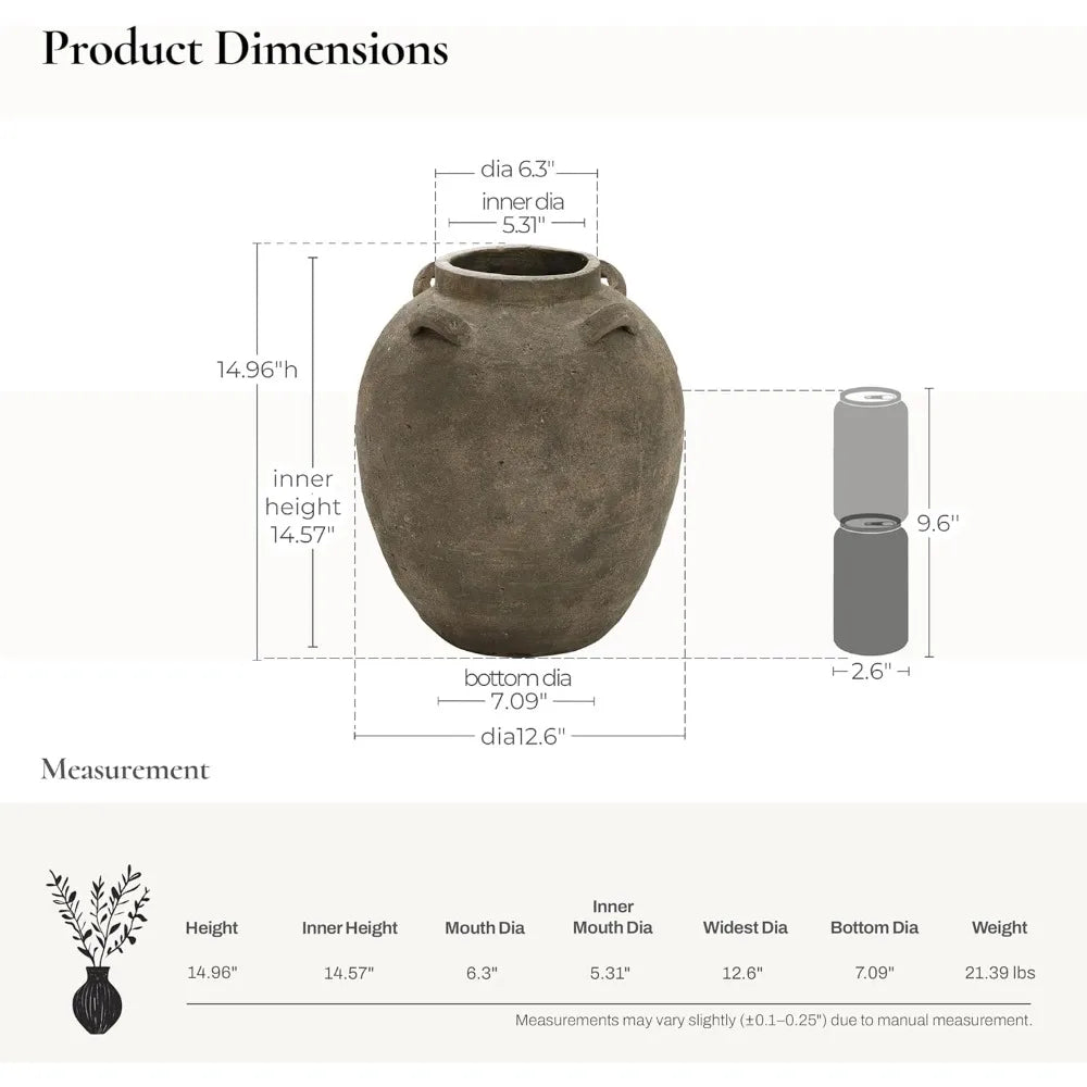 Large Rustic Terracotta Floor Vase, 15 Inch Tall Brown Ceramic Cauldron for Living Room Decor and Home Décor Ideas