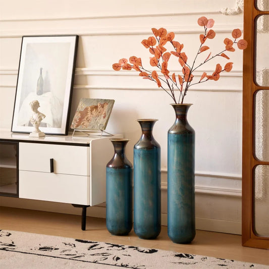 Large Floor Metal Vases Decorated Aqua Blue Set Of 3 Gorgeous Home Decoration accessories Living Room Shipping from the USA