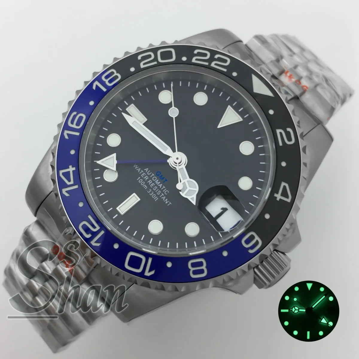 Customized logo luxury 40mm NH34 GMT mechanical watch ceramic bezel sapphire glass green luminous dial water-resistant to 10ATM