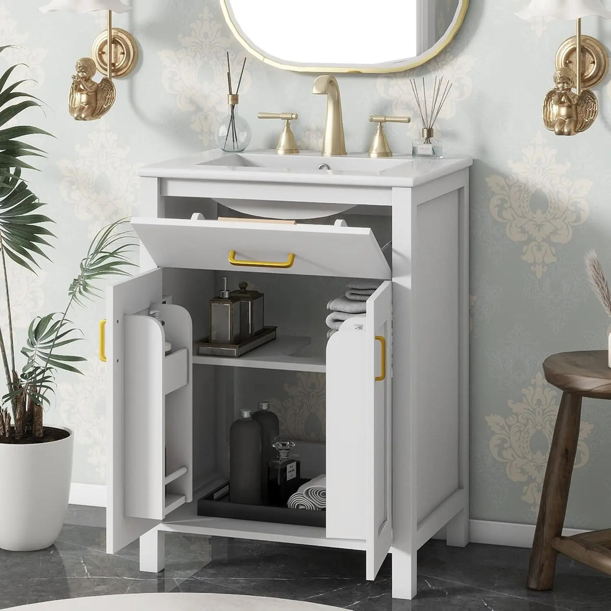 24 LUMISOL Solid Wood Bathroom Vanity Set with Sink, Soft-Close Door, Tip-Out Drawer, and Storage Racks