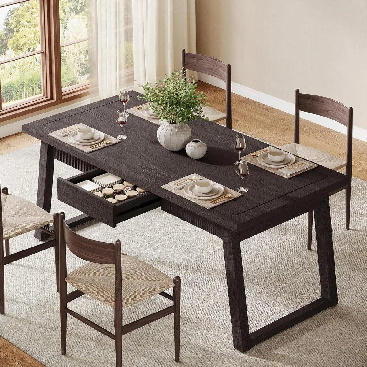 Dining Table with Storage Drawer for Dining Room, Rectangular Modern Dinner Kitchen Table with Solid Wood Legs for 4-6 People