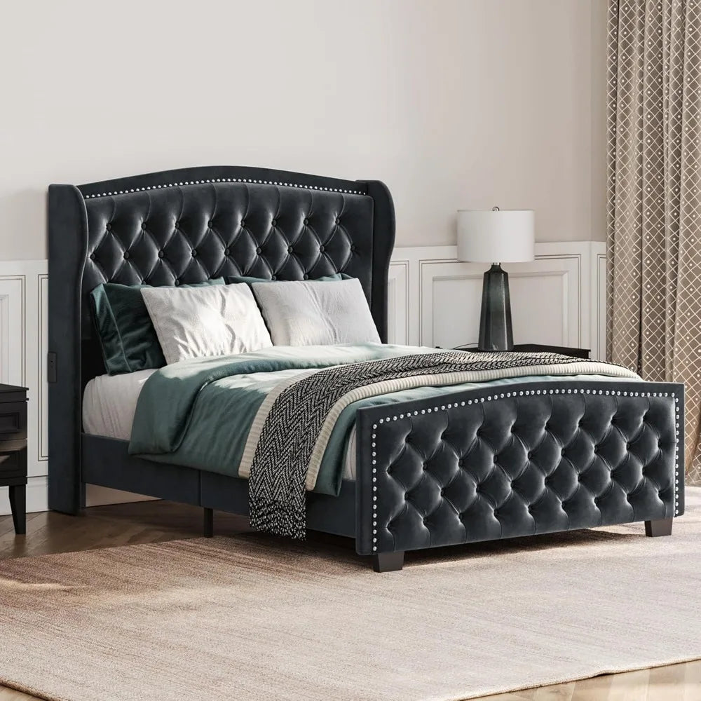 BELLEZE Queen Headboard Bed Frame with Fast Charging Port, Upholstered Platform Bed Frame with Handmade Button Tufted Headboard,