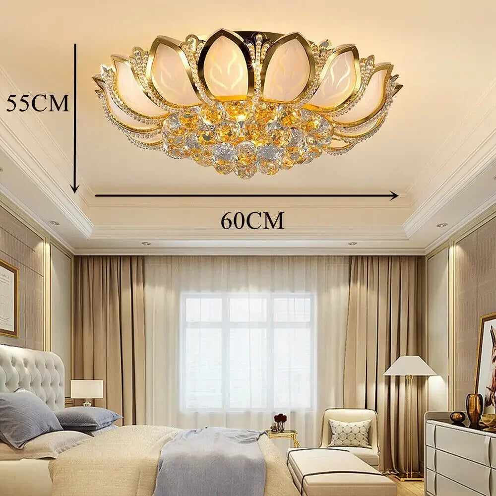 23.5Inch Flower Shaped Crystal Chandelier, E12 110V Gold Crystal Ceiling Lamp Modern Chandelier Hanging Lamp Flush Mount