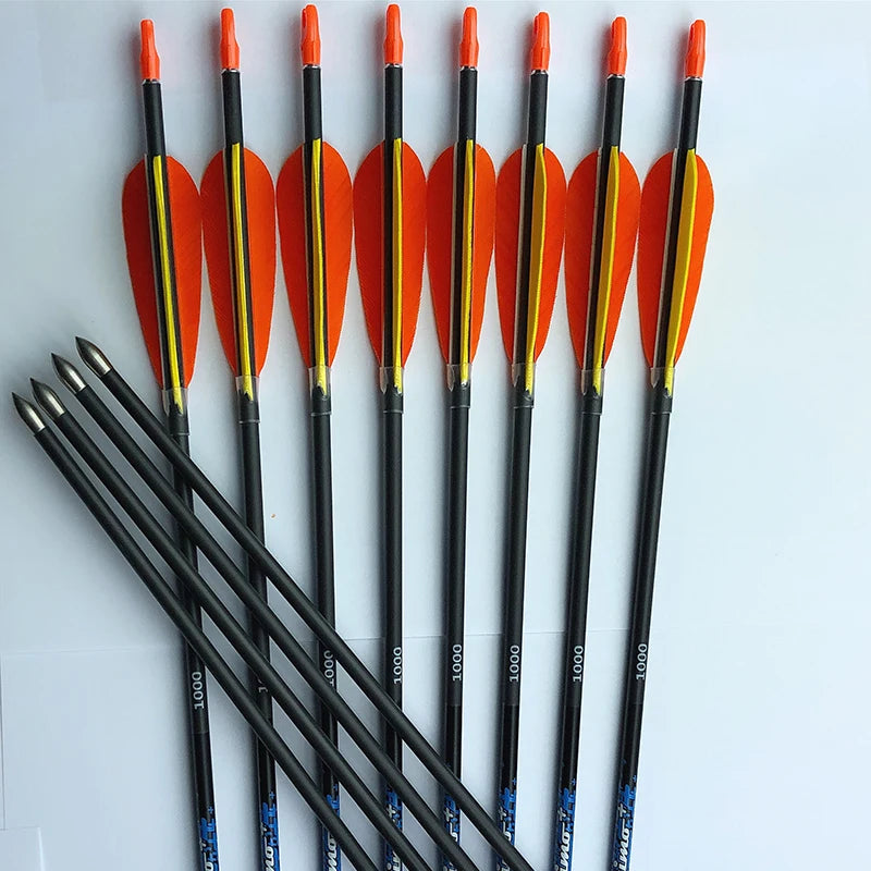 12Pcs Carbon Arrows Archery SP600-900 30'' ID4.2mm 3" Turkey Fearther Vanes 80gr for Recurve Bow Hunting