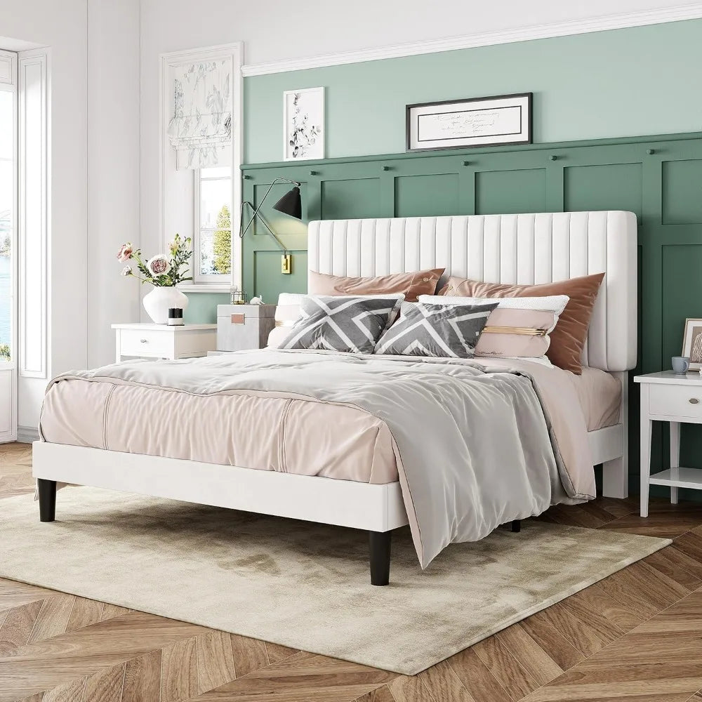 Velvet-Covered Full Size Platform Bed Frame with Adjustable Tufted Headboard and Mattress Support