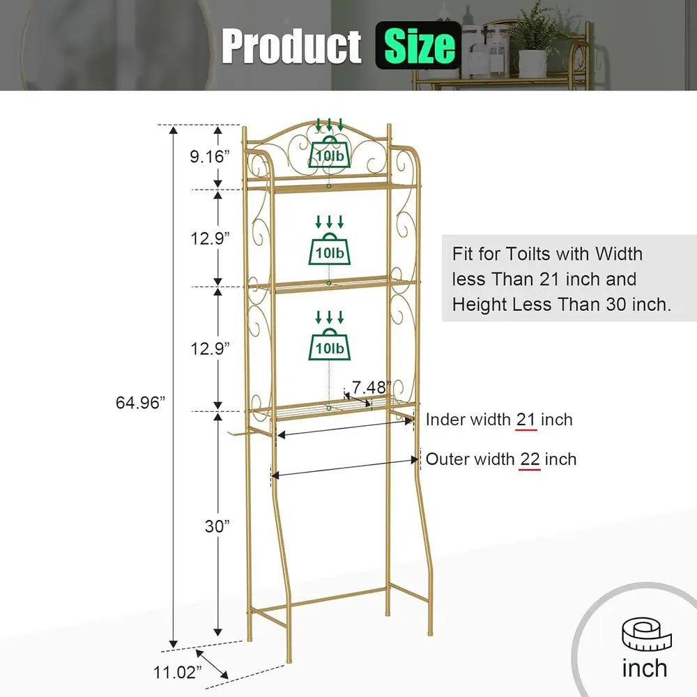 3-Tier Gold Toilet Storage Shelf, Freestanding Bathroom Organizer with Hooks, Space-Saving Over-the-Toilet Rack