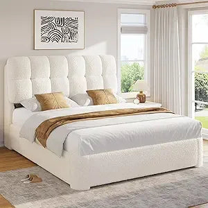 DICTAC Queen Bed Frame, Boucle Upholstered Platform Bed Frame with Button Tufted Headboard, Modern Queen Size Soft Cloud Bed Fra
