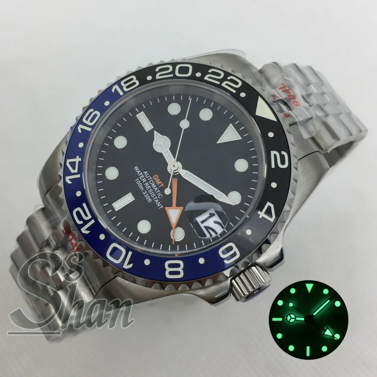 Customized logo luxury 40mm NH34 GMT mechanical watch ceramic bezel sapphire glass green luminous dial water-resistant to 10ATM