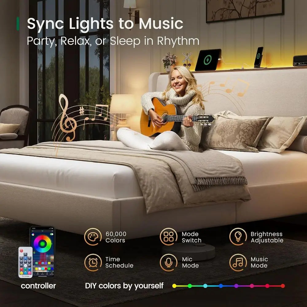 King Size Linen Bed Frame with LED Lights, Charging Station, and Storage Shelf - 51.2 Tall Wingback Headboard, No Box Spring Nee