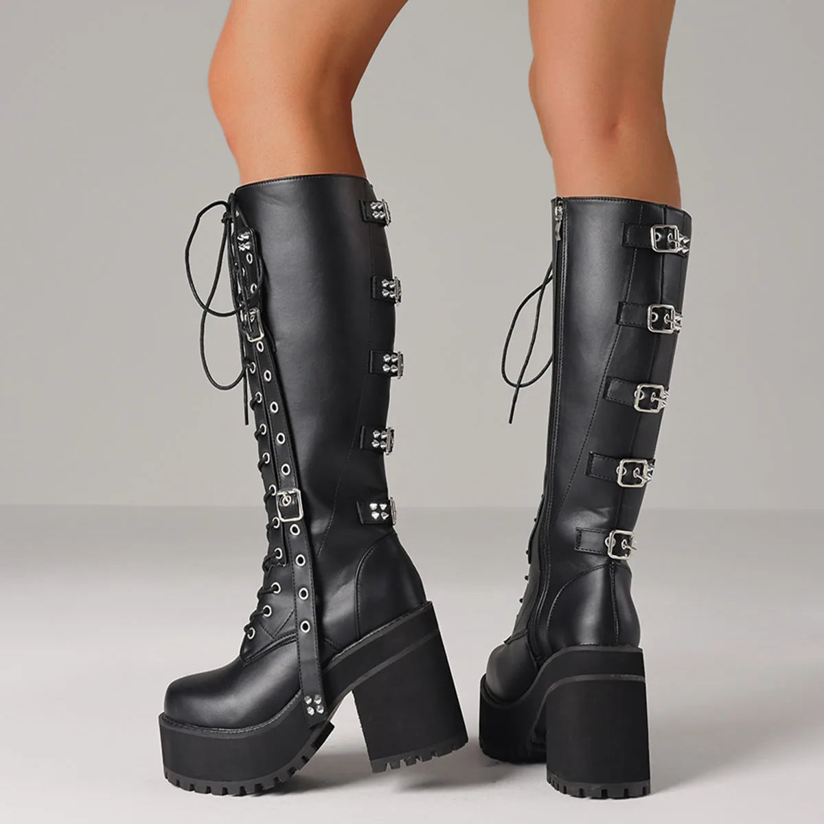 Punk Gothic Women Motorcycle Boots Chunky High Heels Lace Up Buckle Platform Fashion Cool Luxury Halloween Winter Shoes