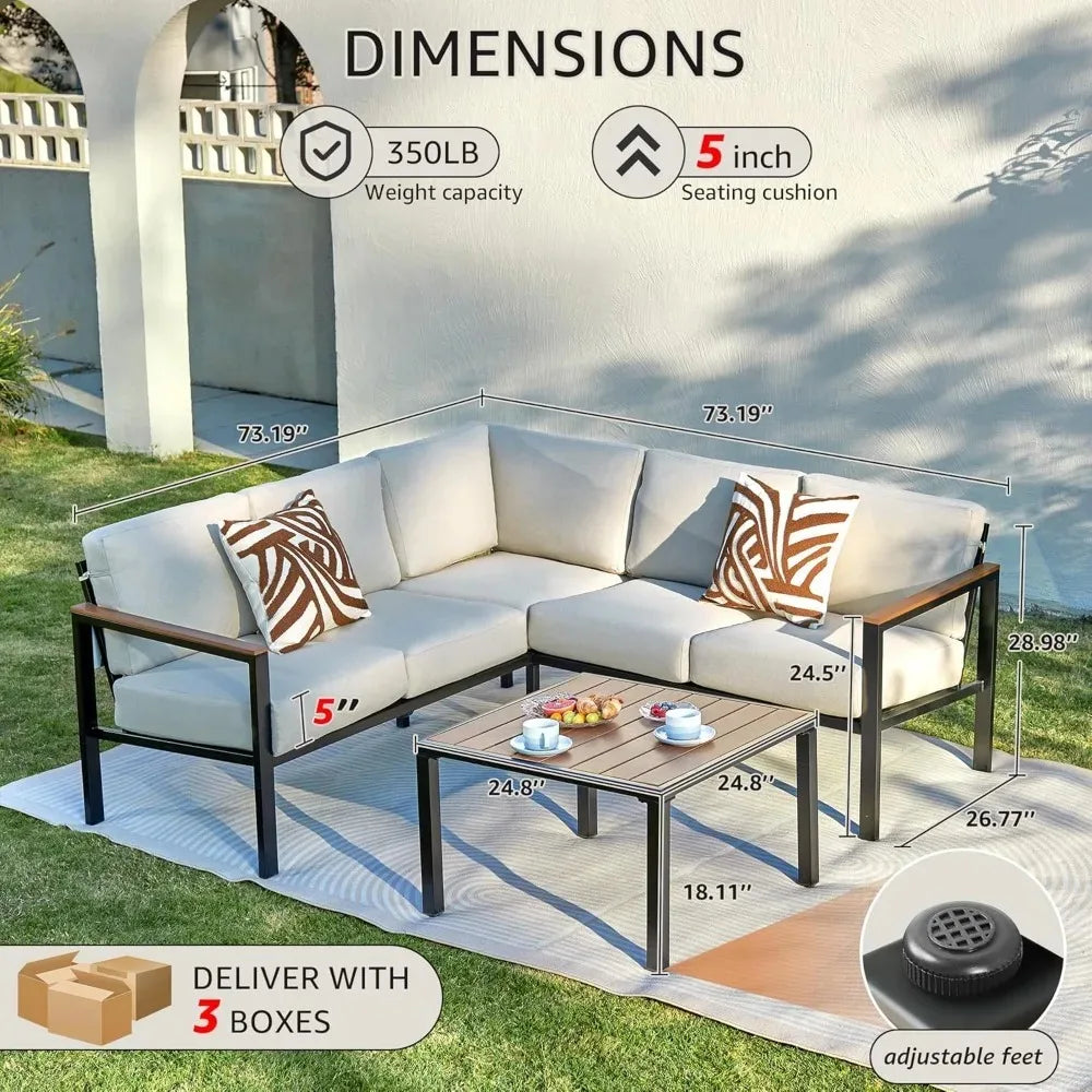 6 Pieces Outdoor Patio Furniture Set with Thick Olefin Cushions Ergonomic Design Highback Fauxwood Armrest And Tabletop