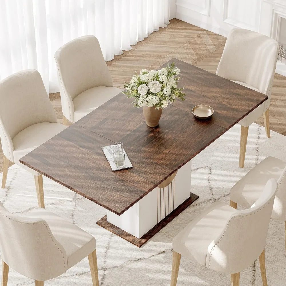 Modern Rectangular Dining Table for 6, Wooden Kitchen Furniture with Sturdy Base, Contemporary Dining Set